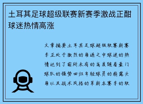 土耳其足球超级联赛新赛季激战正酣球迷热情高涨